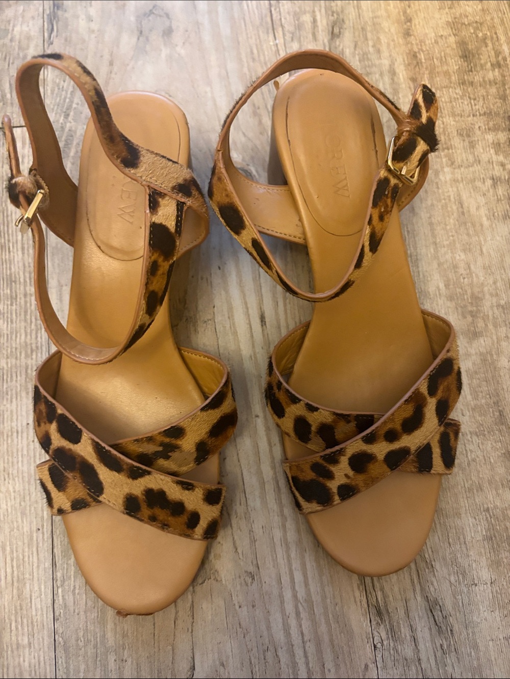 J. Crew Leopard Cross-Strap Ankle Strap Sandals in Tan and Black